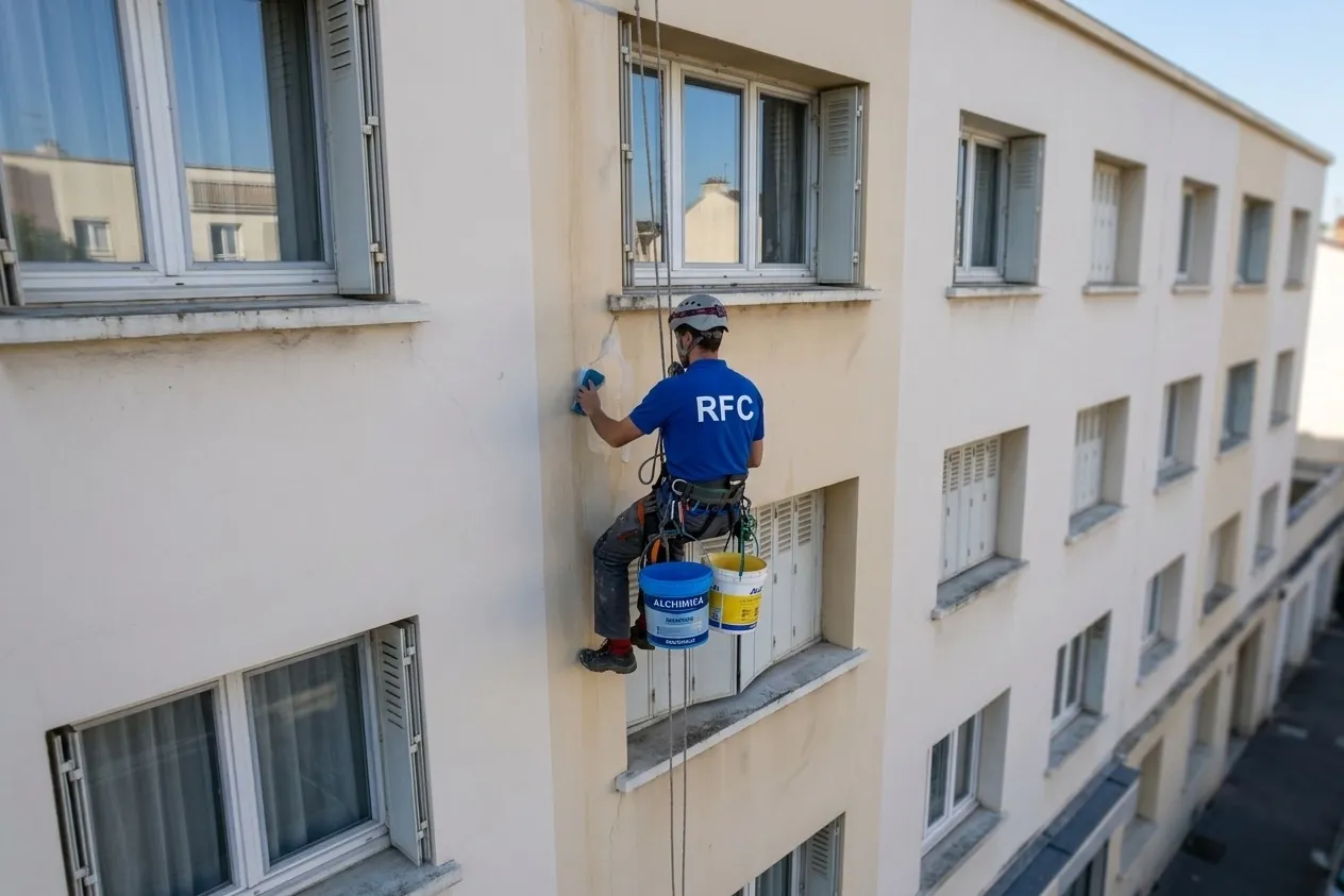 Technicien Ravalement Façade Caen nettoyant une façade en pierre de Caen Technicien Ravalement Façade Caen nettoyant une façade en pierre de Caen